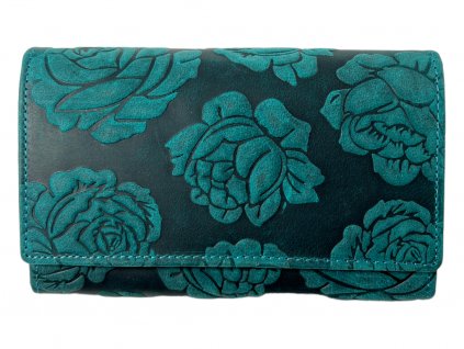 Dámská kožená peněženka s růží - zelená 3995