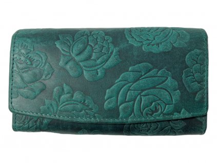 Dámská kožená peněženka s růží - zelená 3998
