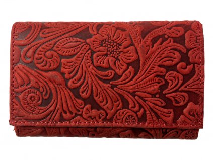 Dámská kožená peněženka s květinami - červená 4413