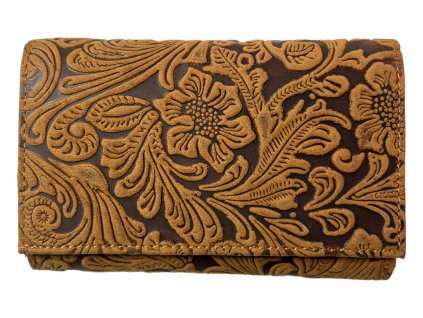 Dámská kožená peněženka s květinami - hnědá 4413