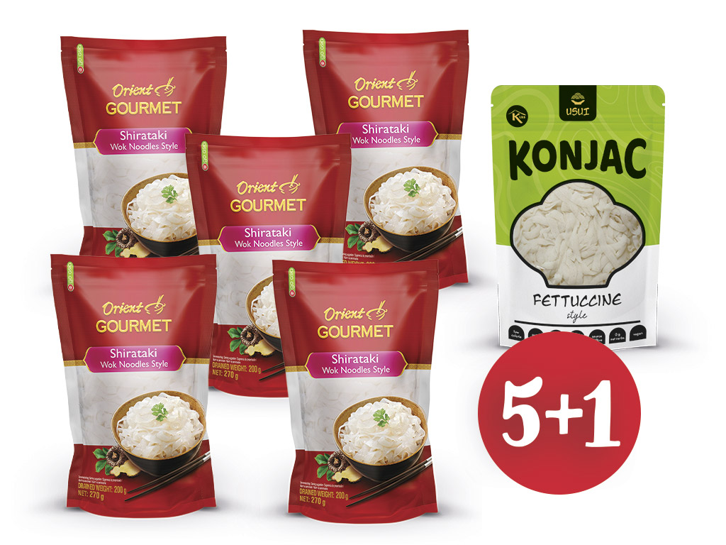 KetoMix Balíček 5x konjakové wok nudle Orient Gourmet + 1x konjakové fettuccine Usui