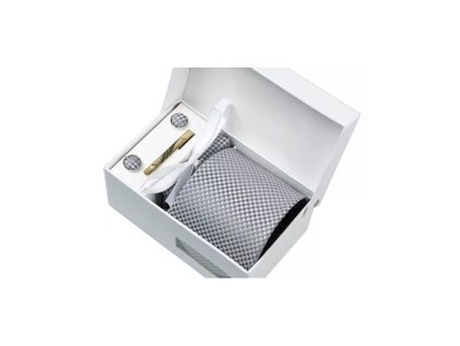 luxusni set svetle sedy se vzorem kravata kapesnicek do saka manzetove knoflicky kravatova spona v darkovem baleni