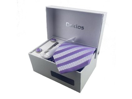 luxusni set s fialovymi a stribrnymi s prouzky kravata kapesnicek manzetove knoflicky kravatova spona v darkovem baleni