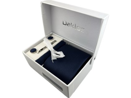 luxusni set modry s prouzkovanym vzorem kravata kapesnicek manzetove knoflicky kravatova spona v darkovem baleni