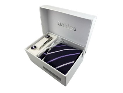 luxusni set tmave fialovy svetle fialove a bile prouzky kravata kapesnicek manzetove knoflicky kravatova spona