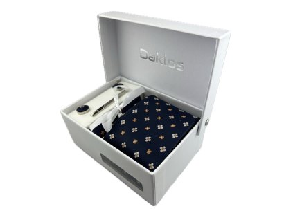 luxusni set kvetinovy tmave modry kravata kapesnicek do saka manzetove knoflicky kravatova spona v darkovem baleni