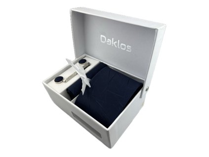 luxusni set tmave modry s modernim vzorem kravata kapesnicek do saka manzetove knoflicky kravatova spona v darkovem baleni