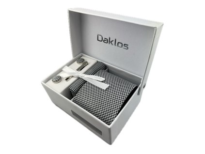 luxusni set cerno bily hvezdickovany vzor kravata kapesnicek do saka manzetove knoflicky kravatova spona v darkovem baleni