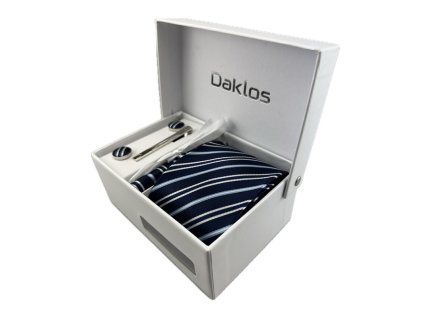 luxusni set tmave a svetle modre a bile prouzky kravata kapesnicek manzetove knoflicky kravatova spona v krabicce