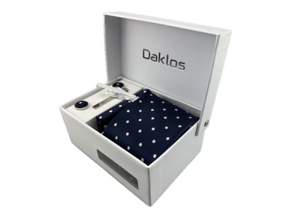 luxusni set tmave modry se stribrnymi puntiky kravata kapesnicek do saka manzetove knoflicky kravatova spona v krabicce