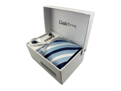 luxusni set ruzne modre a bile pruhy kravata kapesnicek manzetove knoflicky kravatova spona v darkove krabicce