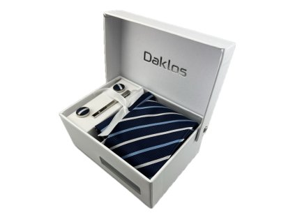 luxusni set ruzne modre a bile prouzky kravata kapesnicek manzetove knoflicky kravatova spona v darkove krabicce