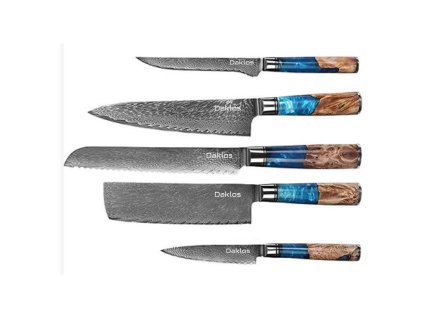 sada nozu z damaskove oceli s rukojeti ze dreva a pryskyrice a magnetickym drevenym stojanem