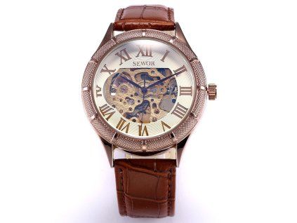 45454 elegantni automaticke hodinky sewor s hnedym kozenym paskem
