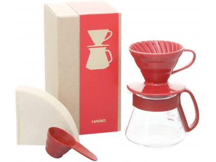 Hario sada V60 - dripper a konvička (červená barva)