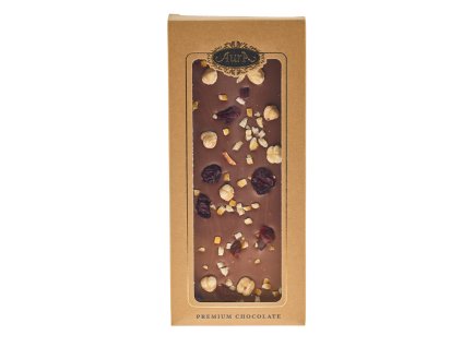 Aura Premium mléčná čokoláda s mixem brusinek, lískových ořechů a pomeranče 120 g
