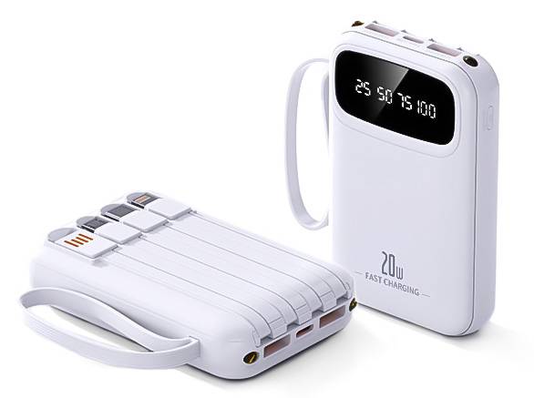Levně Mini Powerbanka 20000mAh s vestavěnými kabely - Bílá