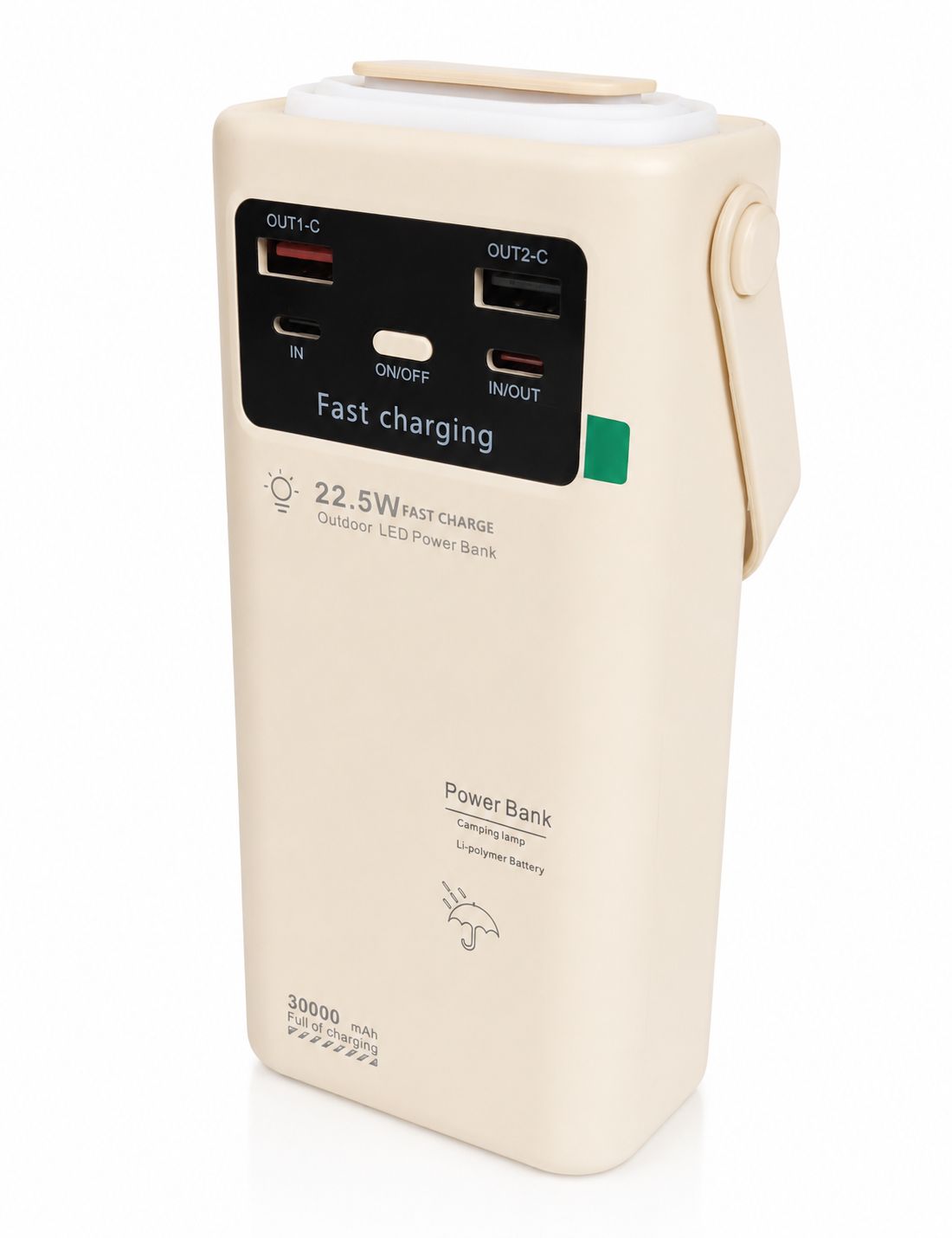 Outdoorová powerbanka 30000mAh Lighthouse 22.5W s vestavěnými kabely - béžová