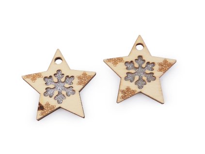 Dřevěná ozdoba stromeček, vločka s glitry k zavěšení (Varianta 1 přírodní sv. hvězda, Balení 2 ks)