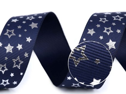 Rypsová stuha hvězdy šíře 25 mm vánoční (Varianta 4 modrá tmavá, Balení 5 m)