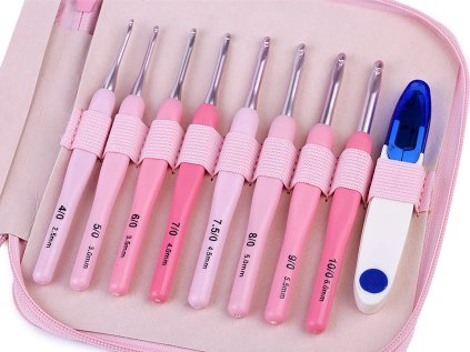 Sada háčků na háčkování a cvakačky v pouzdře (Varianta růžová sv., Balení 1 sada)