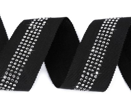 Lampas / rypsová stuha s broušenými kamínky šíře 30 mm (Varianta černá šedá, Balení 1 m)