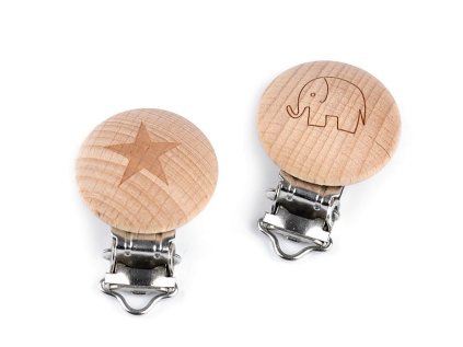 Dětský klip dřevěný -  slon, hvězda, smajlík (Varianta 1 přírodní slon, Balení 1 ks)