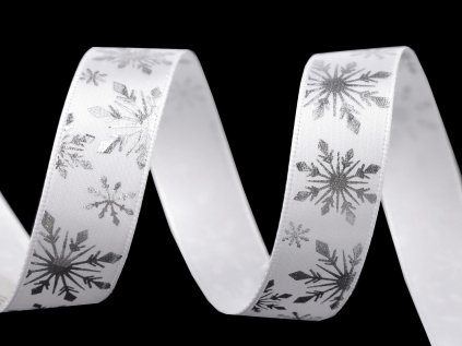 Vánoční saténová stuha vločky šíře 16 mm (Varianta 1 bílá stříbrná, Balení 3 m)