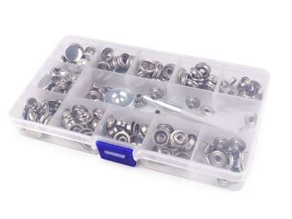 Sada stiskacích knoflíků s kroužkem Ø15 mm s razičem a průbojníkem, na silné látky (Varianta nikl, Balení 1 sada)