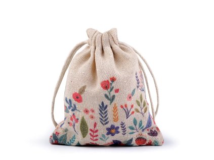 Dárkový pytlík jarní 10x13 cm lněný s květy (Varianta 2 režná, Balení 1 ks)