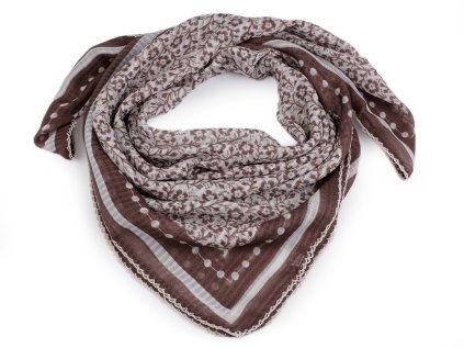 Šátek s květy a háčkovaným okrajem 85x85 cm (Varianta 1 hnědá bílá, Balení 1 ks)