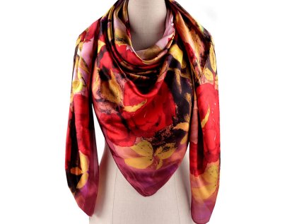 Velký saténový šátek s květy 130x135 cm (Varianta 14 červená světlá, Balení 1 ks)