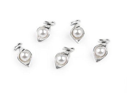 Kovový přívěsek / taháček na zip květ s perlou 3D 9x18 mm (Varianta platina, Balení 5 ks)