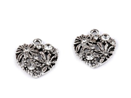 Kovový přívěsek / taháček na zip srdce, housle, korunka s broušenými kamínky (Varianta 1 platina srdce, Balení 2 ks)