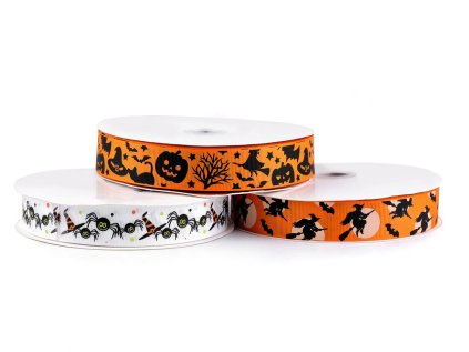 Rypsová stuha Halloween šíře 25 mm (Varianta 1 bílá pavouk, Balení 1 m)