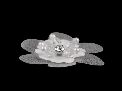 Květ s broušeným kamínkem a korálky k našití a nalepení Ø4,5 cm (Varianta 2 krémová světlá, Balení 10 ks)