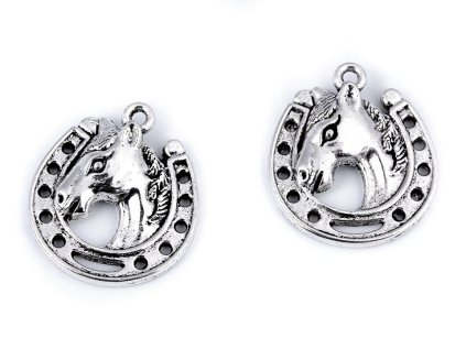 Přívěsek kůň s podkovou 18x21 mm (Varianta platina s patinou, Balení 5 ks)