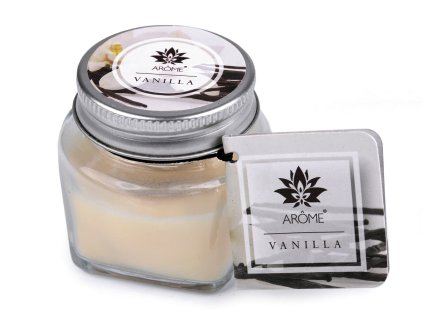Malá vonná svíčka ve skle s jmenovkou 28 g Fruit, Floral (Varianta 1 (Vanilla) krémová světlá, Balení 1 ks)