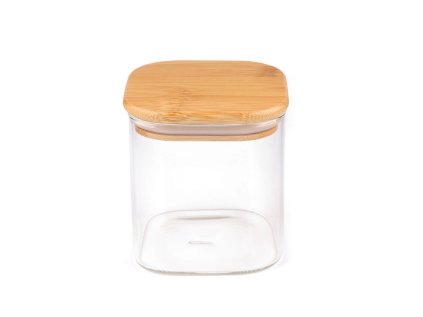 Skleněná dóza s bambusovým víkem, hranatá (Varianta transparent, Balení 1 ks)
