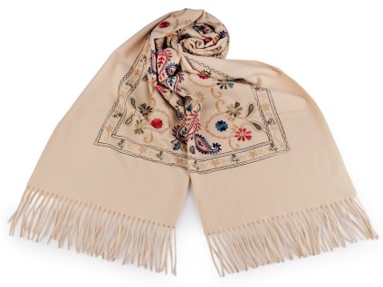 Velký teplý šátek / pléd vyšívaný s třásněmi, typu kašmír 70x180 cm (Varianta 2 modrá jeans, Balení 1 ks)