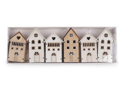 Dřevěné domečky mix k zavěšení (Varianta přírodní bílá, Balení 6 ks)