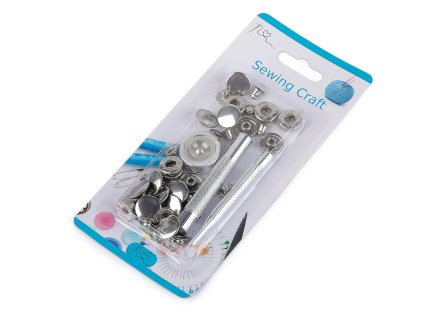 Knoflíky stiskací Wuk Ø15 mm na středně silné látky, s ručním kovovým aplikátorem (Varianta 1 nikl, Balení 1 sada)