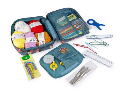 Sada háčků a pomůcek na háčkování v pouzdře (Varianta modrošedá, Balení 1 sada)