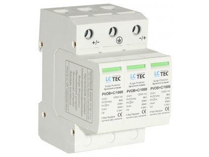Svodič přepětí 3P 8kA třída T1+T2 (B+C) 1000V DC pro FV systémy