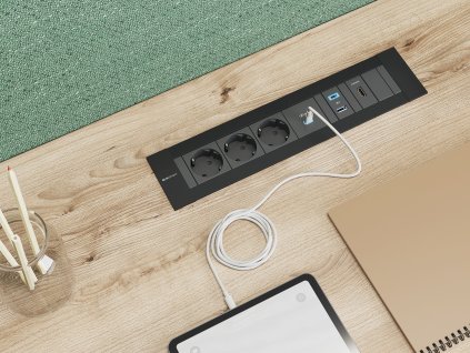 Vestavná zásuvka INTRO černá - různé konfigurace (Konfigurace elektrozásuvky 3x230 + USB nab. C (60W) + 2x Modul)