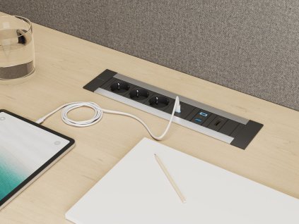 Vestavná zásuvka INTRO hliník/antracit - různé konfigurace (Konfigurace elektrozásuvky 3x230 + USB nab. C (60W) + 2x Modul)