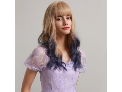 Pískově hnědá paruka Leya s fialovomodrými konci a ofinou