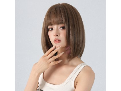 Hnědá bob paruka Rhea s růžovými tóny a ofinou