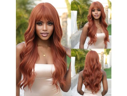 Měděně zrzavá dlouhá paruka Layla s jemnými vlnami a plnou ofinou