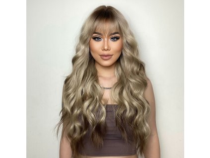 Vlnitá popelavá blond paruka Helena s hnědými konečky